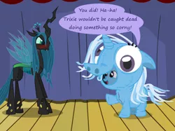 Size: 1280x957 | Tagged: safe, artist:evil-dec0y, derpibooru import, queen chrysalis, trixie, changeling, changeling queen, pony, unicorn, comic:trixie vs., angry, blushing, clothes, costume, duo, duo female, female, hypocritical humor, mare, pony costume, stage