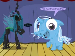 Size: 1280x957 | Tagged: safe, artist:evil-dec0y, derpibooru import, queen chrysalis, trixie, changeling, changeling queen, pony, unicorn, comic:trixie vs., clothes, costume, duo, duo female, eyes closed, female, laughing, mare, pony costume, stage