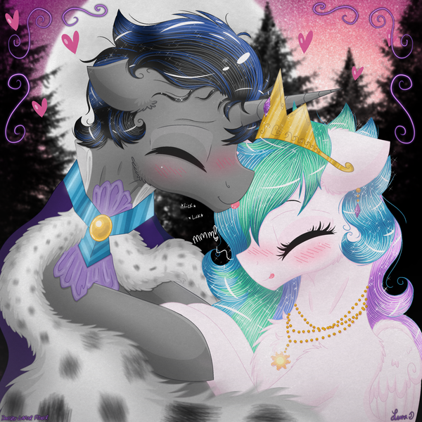 Size: 3000x3000 | Tagged: safe, artist:darkest-lunar-flower, derpibooru import, idw, king sombra, princess celestia, alicorn, pony, unicorn, spoiler:comic, blushing, cape, celestibra, clothes, crown, cute, cutelestia, female, good king sombra, heart, jewelry, licking, little tongue, male, mare, moon, necklace, regalia, shipping, sky, sombradorable, stallion, stars, straight, sweet dreams fuel, tongue out, tree, weapons-grade cute