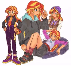 Size: 685x640 | Tagged: safe, artist:keeerooooo1, derpibooru import, sunset shimmer, eqg summertime shorts, equestria girls, equestria girls series, festival filters, monday blues, movie magic, spoiler:eqg series (season 2), spoiler:eqg specials, camp everfree outfits, clothes, cute, female, hoodie, multeity, shimmerbetes, simple background, solo, sunshim, white background