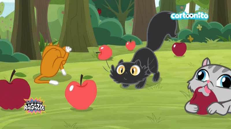 Size: 800x450 | Tagged: safe, derpibooru import, screencap, cat, siamese cat, going to seed, animal, animated, apple, apple tree, awww, cartoonito logo, cats doing cat things, cute, daaaaaaaaaaaw, food, gif, goldie delicious' cats, grooming, italian, licking, pounce, tongue out, too cute, tree
