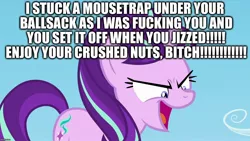 Size: 1280x720 | Tagged: semi-grimdark, suggestive, derpibooru import, edit, edited screencap, screencap, starlight glimmer, pony, unicorn, the cutie re-mark, caption, evil grin, excessive exclamation marks, grin, image macro, implied cbt, implied sex, mousetrap, ouch, smiling, text