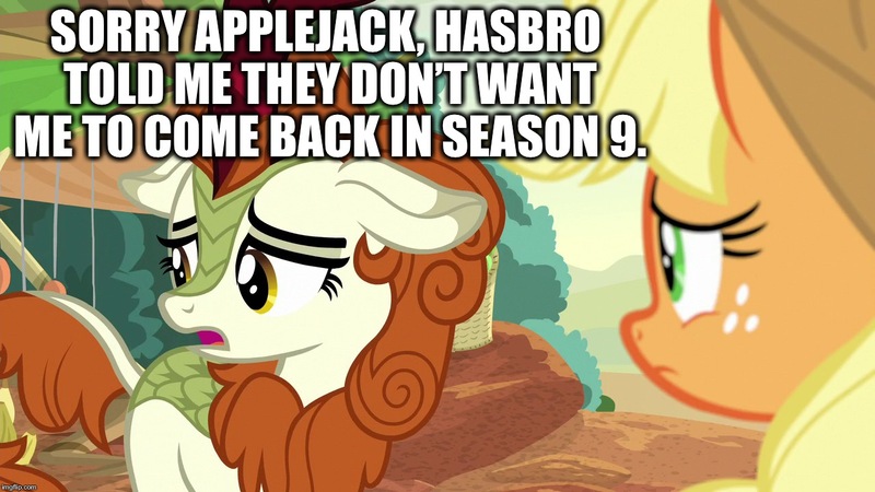 Size: 1280x720 | Tagged: applejack, autumn blaze, caption, derpibooru import, edit, edited screencap, hasbro, hilarious in hindsight, image macro, sad, safe, screencap, season 9, sounds of silence, spoiler:s09, text