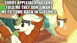 Size: 1280x720 | Tagged: applejack, autumn blaze, caption, derpibooru import, edit, edited screencap, hasbro, hilarious in hindsight, image macro, sad, safe, screencap, season 9, sounds of silence, spoiler:s09, text