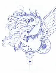 Size: 1219x1622 | Tagged: safe, artist:longinius, derpibooru import, princess luna, alicorn, pony, bust, female, horn, horn jewelry, jewelry, mare, monochrome, pencil drawing, portrait, simple background, sketch, solo, traditional art, white background