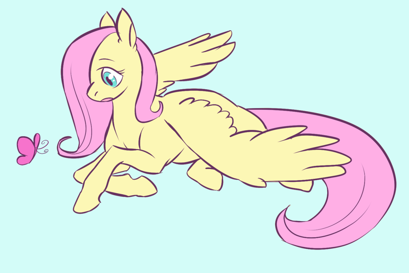 Size: 1280x853 | Tagged: safe, artist:feroxaurus, derpibooru import, fluttershy, butterfly, pegasus, pony, blue background, cute, hair over one eye, no more ponies at source, prone, shyabetes, simple background, solo, spread wings, wings