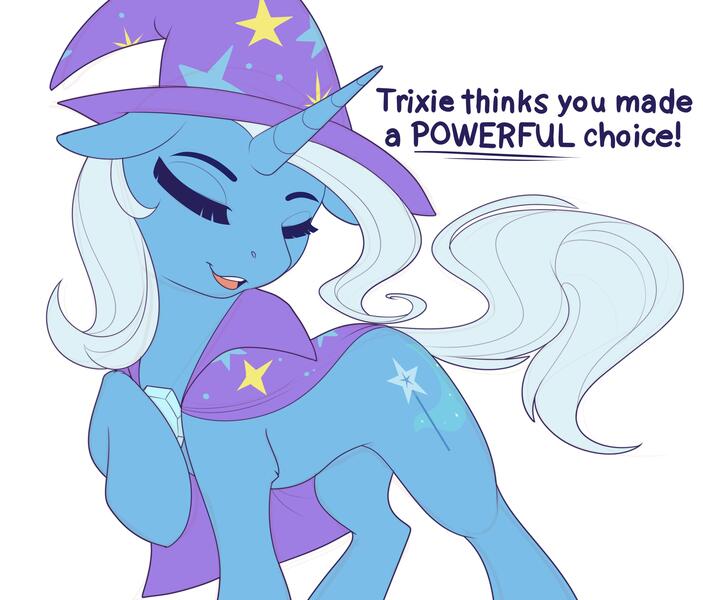 Size: 3000x2559 | Tagged: safe, artist:evehly, derpibooru import, trixie, pony, unicorn, cape, clothes, cute, dialogue, diatrixes, eyes closed, female, floppy ears, hat, leg fluff, mare, open mouth, reaction image, simple background, solo, trixie's cape, trixie's hat, white background