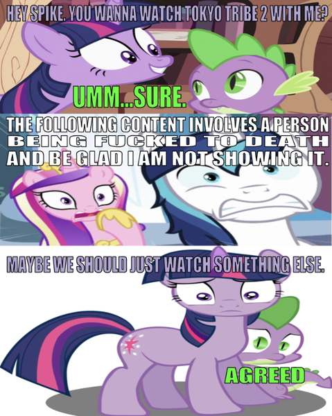 Size: 665x833 | Tagged: episode needed, suggestive, derpibooru import, edit, edited screencap, editor:undeadponysoldier, screencap, princess cadance, shining armor, spike, twilight sparkle, alicorn, dragon, pony, unicorn, caption, censored, crown, crystal empire, female, frightened, gasp, golden oaks library, goosh goosh, image macro, implied death, implied murder, implied rape, implied sex, jewelry, male, mare, open mouth, regalia, regret, relatable, scarred for life, stallion, text, tokyo tribe 2, vulgar, wrong aspect ratio