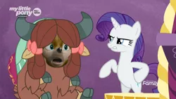 Size: 1920x1080 | Tagged: safe, derpibooru import, edit, edited screencap, editor:sponandi, screencap, rarity, yona, unicorn, yak, she's all yak, bow, cloven hooves, crossover, cursed image, discovery family logo, disgusted, face swap, female, hair bow, mare, meme, monkey swings, nightmare fuel, sonic movie 2020, sonic the hedgehog, sonic the hedgehog (series), wat