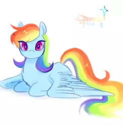 Size: 1280x1308 | Tagged: safe, artist:mirululu, derpibooru import, rainbow dash, pegasus, pony, chest fluff, cute, dashabetes, female, looking at you, mare, no mouth, ponyloaf, prone, simple background, solo, spread wings, white background, wings
