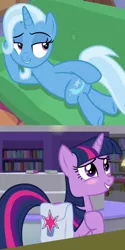 Size: 1064x2136 | Tagged: safe, derpibooru import, edit, edited screencap, screencap, trixie, twilight sparkle, pony, unicorn, road to friendship, the point of no return, bag, blushing, comic, draw me like one of your french girls, female, lesbian, library, reaction, saddle bag, screencap comic, shipping, twixie, unicorn twilight