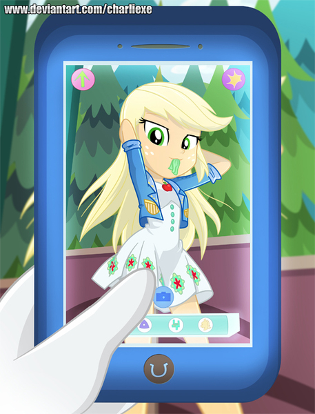 Size: 519x682 | Tagged: safe, artist:charliexe, derpibooru import, applejack, rarity, equestria girls, equestria girls series, festival filters, spoiler:eqg series (season 2), clothes, dress, female, freckles, jacket, mobile phone, music festival outfit, phone, tree