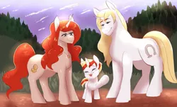 Size: 1151x694 | Tagged: safe, artist:spazzyhippie, derpibooru import, oc, oc:lucky charm, pony, unicorn, blonde hair, colt, family, family photo, father, female, male, mare, married couple, mother, offspring, parent, red hair, stallion