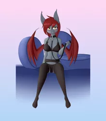 Size: 1750x2000 | Tagged: suggestive, artist:silverfox057, derpibooru import, oc, oc:phoebe, anthro, bat pony, bat pony oc, bat wings, black underwear, breasts, clothes, collar, female, garter belt, leash, lingerie, panties, socks, solo, stockings, submissive, thigh highs, underwear, wings