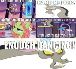 Size: 668x602 | Tagged: safe, derpibooru import, edit, edited screencap, editor:undeadponysoldier, screencap, discord, tree hugger, earth pony, pony, make new friends but keep discord, angry, canterlot, caption, dancing, enough dancing, female, flushed away, funny, funny as hell, hippy, image macro, le toad, male, mare, meme, reference sheet, simple background, text, vortex, white background, wrong aspect ratio