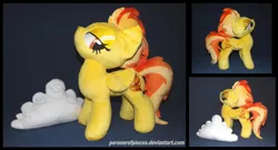 Size: 1600x863 | Tagged: safe, artist:peruserofpieces, derpibooru import, spitfire, pegasus, pony, accessory, bedroom eyes, cloud, confident, female, folded wings, irl, lidded eyes, mare, missing accessory, photo, plushie, raised head, seductive, smiling, solo, wings