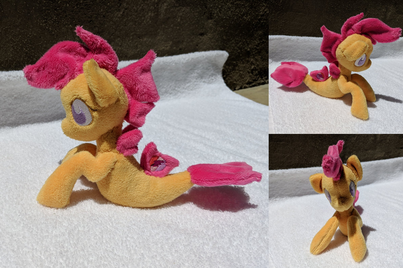Size: 2382x1587 | Tagged: artist:plushbyanto, beanie (plushie), chibi, cute, cutealoo, derpibooru import, female, filly, fins, front view, irl, lying down, minky, no mouth, no nostrils, no pupils, photo, plushie, profile, race swap, safe, scootaloo, seaponified, seapony (g4), seapony scootaloo, solo, species swap, tail fin, toy