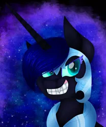 Size: 1000x1200 | Tagged: safe, artist:mlplmaster, derpibooru import, nightmare moon, princess luna, alicorn, pony, ethereal mane, fangs, female, galaxy mane, grin, hair over one eye, helmet, horn, jewelry, long horn, mare, nightmare luna, regalia, smiling, solo, starry mane