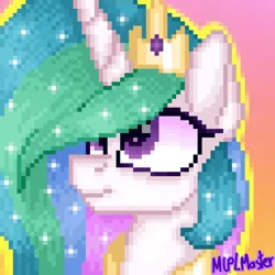 Size: 1080x1080 | Tagged: safe, artist:mlplmaster, derpibooru import, princess celestia, pony, bust, ethereal mane, female, gradient background, hair over one eye, jewelry, mare, pixel art, regalia, solo, starry mane