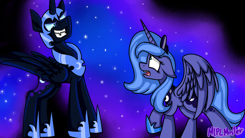Size: 1920x1080 | Tagged: safe, artist:mlplmaster, derpibooru import, nightmare moon, princess luna, alicorn, pony, black background, duality, duo, ethereal mane, fangs, female, floppy ears, grin, helmet, hoof shoes, jewelry, looking at each other, looking up, mare, open mouth, raised hoof, redraw, regalia, s1 luna, self ponidox, shocked, simple background, smiling, spread wings, starry mane, wings