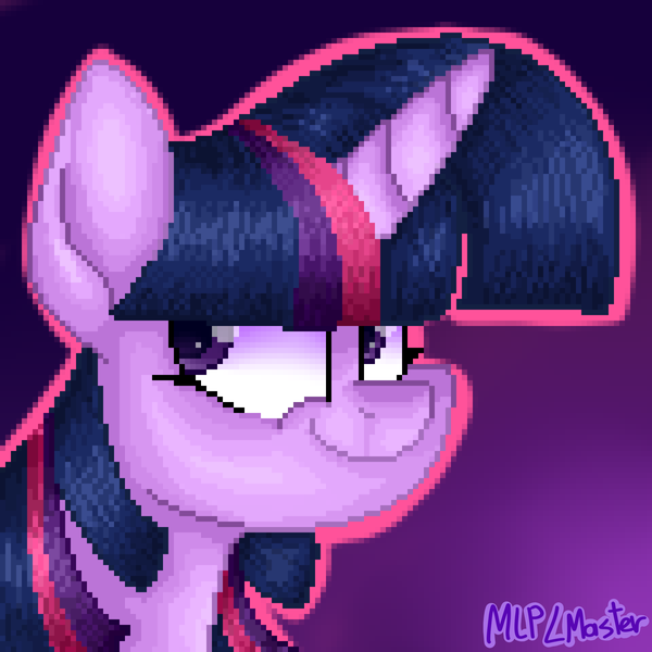 Size: 1920x1920 | Tagged: safe, artist:mlplmaster, derpibooru import, twilight sparkle, pony, female, gradient background, looking back, mare, pixel art, smiling, solo