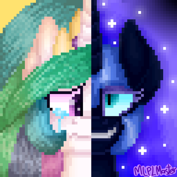 Size: 1920x1920 | Tagged: safe, artist:mlplmaster, derpibooru import, nightmare moon, princess celestia, pony, abstract background, crying, duo, ethereal mane, female, grin, helmet, jewelry, looking at you, low res image, mare, pixelated, smiling, split screen, starry mane, tiara