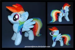 Size: 1280x861 | Tagged: safe, artist:peruserofpieces, derpibooru import, rainbow dash, pegasus, pony, female, irl, mare, photo, plushie, profile, smiling, solo, spread wings, standing, wings