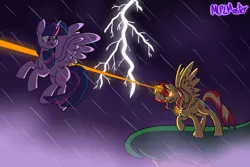 Size: 1500x1000 | Tagged: safe, artist:mlplmaster, derpibooru import, sunset shimmer, twilight sparkle, twilight sparkle (alicorn), alicorn, pony, alicornified, blast, duo, female, fight, flying, glowing eyes, glowing horn, gritted teeth, horn, lightning, looking back, magic, magic beam, magic blast, mare, narrowed eyes, open mouth, race swap, rain, raised hoof, shimmercorn, spread wings, wings
