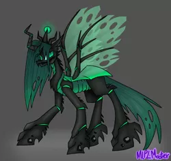 Size: 1800x1700 | Tagged: artist:mlplmaster, changeling, changeling queen, crown, derpibooru import, exoskeleton, fangs, female, g5, gray background, green changeling, jewelry, looking at you, queen chrysalis, redesign, regalia, safe, simple background, slit eyes, solo, spread wings, wings