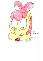 Size: 2477x3500 | Tagged: safe, artist:gafelpoez, derpibooru import, apple bloom, insect, ladybug, pony, charly garcia, smiling