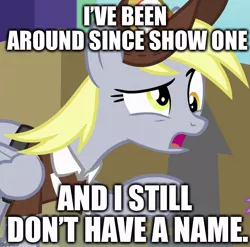 Size: 729x720 | Tagged: safe, derpibooru import, edit, edited screencap, screencap, derpy hooves, spike, dragon, pegasus, pony, the point of no return, box, caption, cardboard box, clothes, cropped, female, hat, image macro, imgflip, impact font, male, mare, offscreen character, op is a slowpoke, package, raised eyebrow, raised hoof, solo, solo focus, text, that one nameless background pony we all know and love, veggietales
