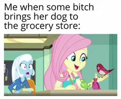 Size: 1433x1176 | Tagged: safe, derpibooru import, edit, edited screencap, editor:apex soundwave, screencap, fluttershy, trixie, bird, equestria girls, equestria girls series, caption, classroom, duo, female, image macro, raised eyebrow, text, vulgar