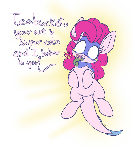 Size: 1280x1422 | Tagged: safe, artist:heir-of-rick, derpibooru import, fluttershy, pinkie pie, monster pony, original species, pony, tatzlpony, chalkzone, dialogue, female, mare, mask, micro, motivational, open mouth, positive ponies, simple background, snaponka, snappy pie, talking to viewer, tatzlpie, tongue out, tumblr, white background