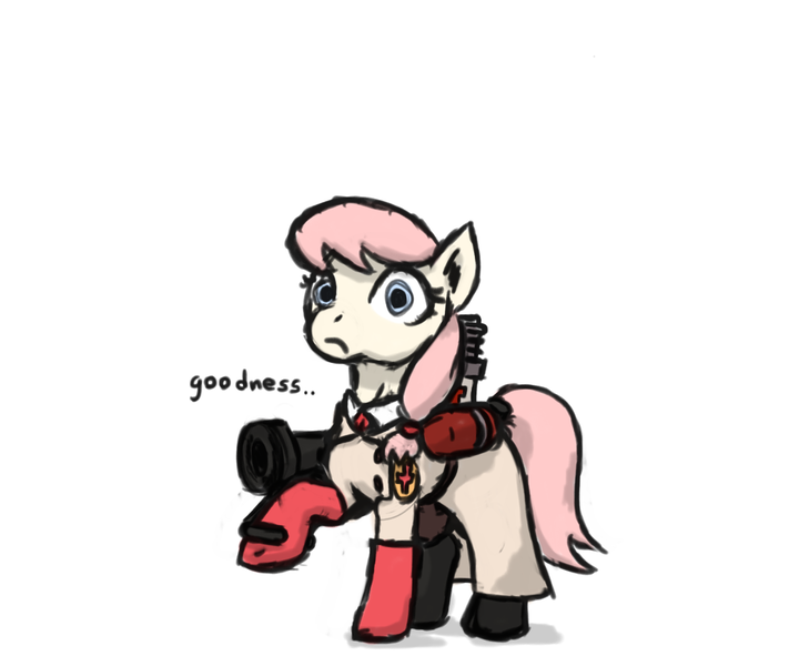 Size: 1200x1000 | Tagged: safe, artist:trefoiler, derpibooru import, oc, oc:hope blossoms, earth pony, pony, colt quest, boots, clothes, colored sketch, crossover, female, gloves, lab coat, mare, medic, medigun, shoes, simple background, sketch, solo, team fortress 2, white background, wide eyes