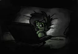 Size: 506x355 | Tagged: safe, artist:plunger, derpibooru import, oc, oc:anonfilly, unofficial characters only, earth pony, pony, bed, blanket, comfy, computer, female, filly, headphones, laptop computer, night, pillow, solo