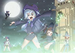 Size: 2923x2067 | Tagged: anime, artist:ryured, broom, clothes, crossover, derpibooru import, full moon, hat, human, humanized, little witch academia, moon, netflix, night, open mouth, safe, starlight glimmer, stars, trixie, twilight sparkle, witch hat