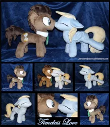 Size: 1280x1468 | Tagged: safe, artist:peruserofpieces, derpibooru import, derpy hooves, doctor whooves, time turner, earth pony, pegasus, pony, boop, doctorderpy, duo, eyes closed, female, folded wings, happy, irl, kiss on the cheek, kissing, male, mare, minky, necktie, noseboop, photo, plushie, raised leg, shipping, stallion, standing, straight, surprised, toy, wings