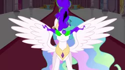 Size: 1280x720 | Tagged: safe, derpibooru import, screencap, princess celestia, alicorn, pony, the crystal empire, dark magic, ethereal mane, glowing horn, horn, magic, sombra eyes, spread wings, wings