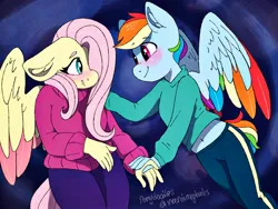 Size: 2048x1536 | Tagged: safe, artist:incendiaryboobs, derpibooru import, fluttershy, rainbow dash, anthro, clothes, colored wings, female, flutterdash, lesbian, multicolored wings, rainbow wings, shipping, sweater, sweatershy, trans boy, transgender, two toned wings, wings