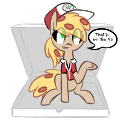 Size: 800x800 | Tagged: safe, artist:provolonepone, derpibooru import, oc, oc:peetzer, ponified, earth pony, food pony, original species, pizza pony, pony, female, food, mare, pizza, pizza box, pizza delivery, simple background, solo