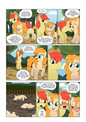 Size: 3541x5016 | Tagged: safe, artist:launny, derpibooru import, bright mac, pear butter, earth pony, pig, pony, comic:a dirty pear, blushing, cowboy hat, farm, female, hat, male, mare, married couple, missing cutie mark, mud, pig pen, stallion