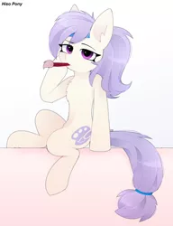 Size: 2659x3459 | Tagged: artist needed, safe, derpibooru import, oc, oc:artstina, unofficial characters only, earth pony, pony, female, looking at you, mare, paintbrush, sitting, solo, tail band