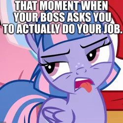 Size: 1078x1080 | Tagged: safe, derpibooru import, edit, edited screencap, screencap, clear sky, quibble pants, wind sprint, earth pony, pegasus, pony, unicorn, common ground, angry, annoyed, boss, caption, cropped, image macro, job, lazy, solo focus, text, tongue out, work