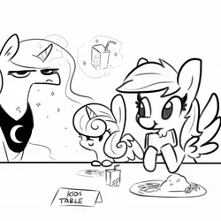 Size: 1080x1080 | Tagged: safe, artist:tjpones, derpibooru import, princess flurry heart, princess luna, rainbow dash, black and white, cute, dashabetes, eating, flurrybetes, food, frown, grayscale, hoof hold, juice, juice box, levitation, luna is not amused, magic, monochrome, telekinesis, unamused, varying degrees of amusement