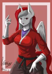 Size: 2893x4092 | Tagged: alicorn, alicorn oc, anthro, anthro oc, artist:kiminofreewings, beautiful, clothes, derpibooru import, female, fighter, half body, horn, indonesia, looking at you, mascot, nation ponies, oc, oc:indonisty, open mouth, original art, original style, pose, safe, simple background, solo, sports, wings