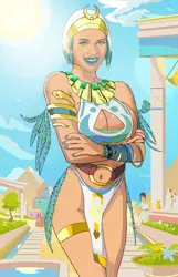 Size: 1760x2736 | Tagged: ankh, archway, artist:ponyhiall, belly button, belt, big breasts, bracelet, breasts, butterface, cloud, column, day, derpibooru import, desert, egyptian, emerald, eyeshadow, feather, female, flower, fruit, garden, headdress, houses, human, humanized, jewelry, lipstick, loincloth, makeup, necklace, pot, pyramid, ring, sky, smiling, solo, solo focus, somnambula, suggestive, sun, temple, tiara, tree, well