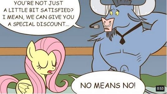 Size: 536x302 | Tagged: safe, artist:sazanamibd, derpibooru import, edit, fluttershy, iron will, pony, putting your hoof down, cropped, dialogue, duo, eyes closed, no means no, scene interpretation, speech bubble