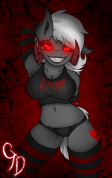 Size: 2054x3268 | Tagged: abstract background, anthro, armpits, artist:circethedemonnsfw, black underwear, breasts, clothes, demon, demon horns, demon pony, derpibooru import, glowing eyes, oc, oc:circe shadow, original species, panties, sharp teeth, slit eyes, socks, suggestive, tanktop, teeth, thigh highs, underwear