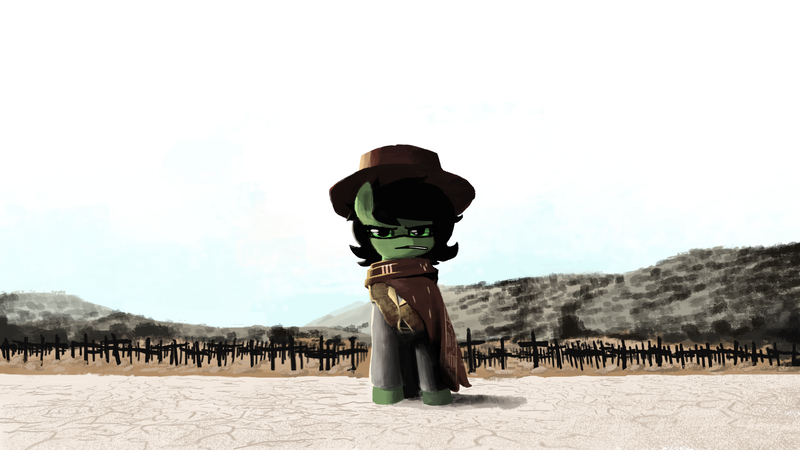 Size: 1920x1080 | Tagged: safe, artist:plunger, derpibooru import, oc, oc:anonfilly, ponified, unofficial characters only, pony, candy, cemetery, clint eastwood, clothes, cowboy hat, female, filly, food, hat, lollipop, movie reference, poncho, solo, the good the bad and the ugly, the man with no name