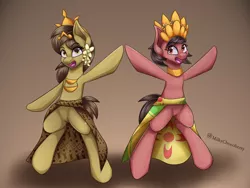 Size: 3200x2400 | Tagged: safe, artist:milkychocoberry, derpibooru import, oc, oc:nuning, oc:salasika, earth pony, pony, bipedal, duo, flower, indonesia, jewelry, necklace, nusaponycon, regalia, sarong